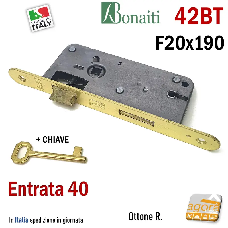 SERRATURA PORTA FRONTALE 20x190mm TONDO E40 I70 BONAITI 42T OTTONE PATENT PICCOLA +CHIAVE