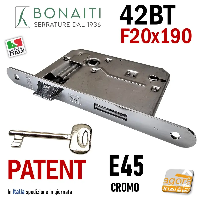 SERRATURA PORTA FRONTALE 20x190mm TONDO E45 I70 BONAITI 42T CROMATA PATENT PICCOLA +CHIAVE