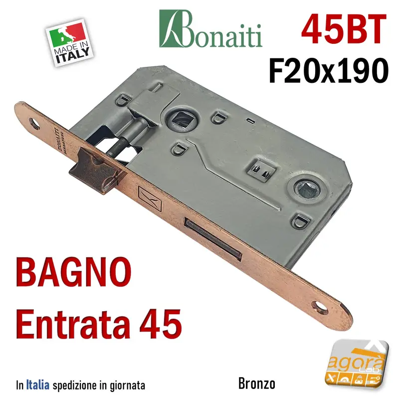 SERRATURA PORTA FRONTALE 20x190mm TONDO E45 I70 BONAITI 45T BRONZO BAGNO PICCOLA WC DOPPIO QUADRO