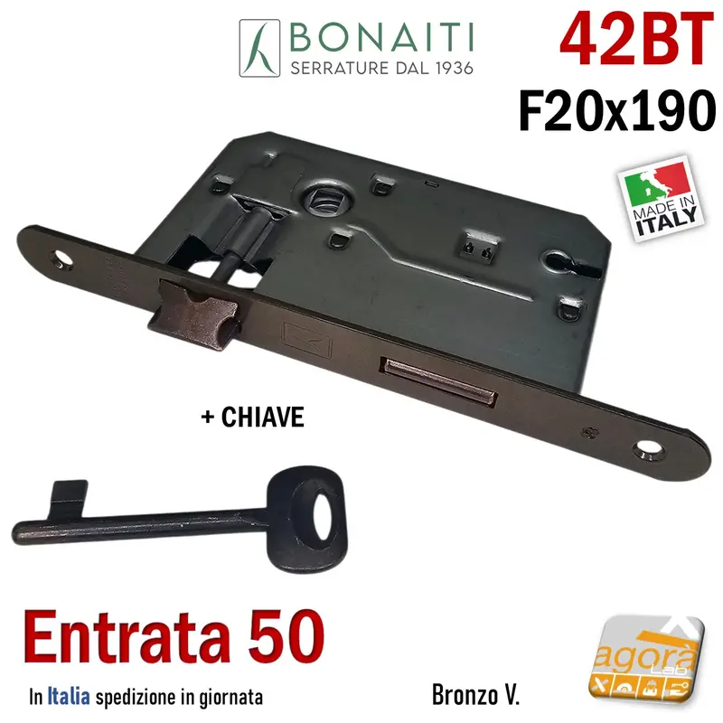 SERRATURA PORTA FRONTALE 20x190mm TONDO E50 I70 BONAITI 42T BRONZO PATENT PICCOLA +CHIAVE