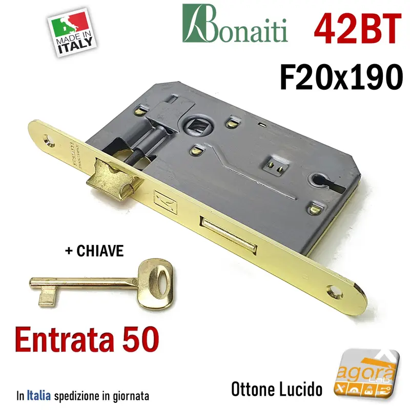 SERRATURA PORTA FRONTALE 20x190mm TONDO E50 I70 BONAITI 42T OTTONE PATENT PICCOLA +CHIAVE