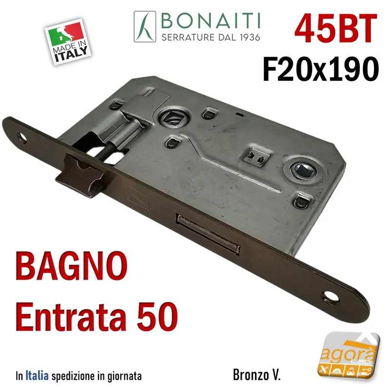 SERRATURA PORTA FRONTALE 20x190mm TONDO E50 I70 BONAITI 45T BRONZO BAGNO PICCOLA WC DOPPIO QUADRO