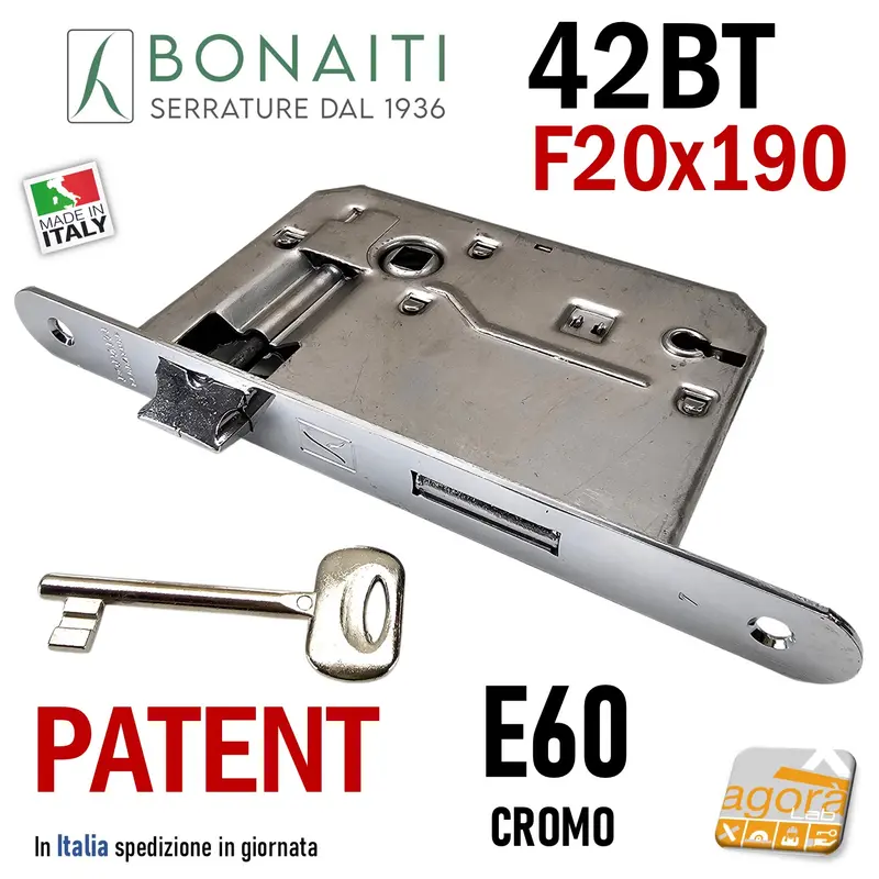 Serratura Porta Frontale 20x190mm Tondo E60 I70 BONAITI 42T CROMO Patent Piccola +CHIAVE