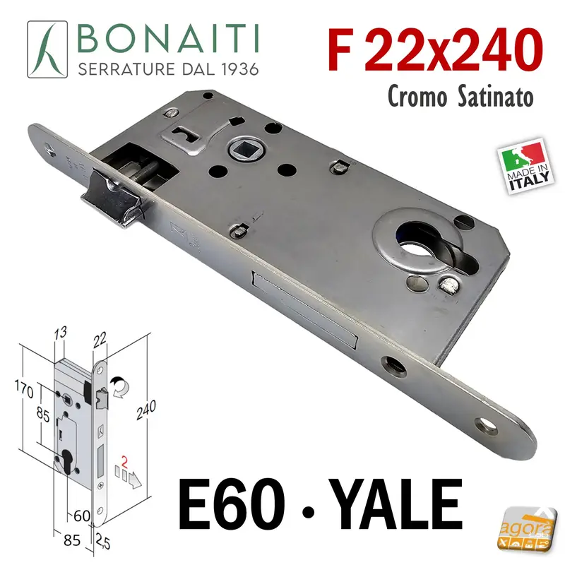 SERRATURA PORTA FRONTALE 22x240mm YALE BONAITI C22T-60 E60 I85 CROMO SAT BORDO TONDO