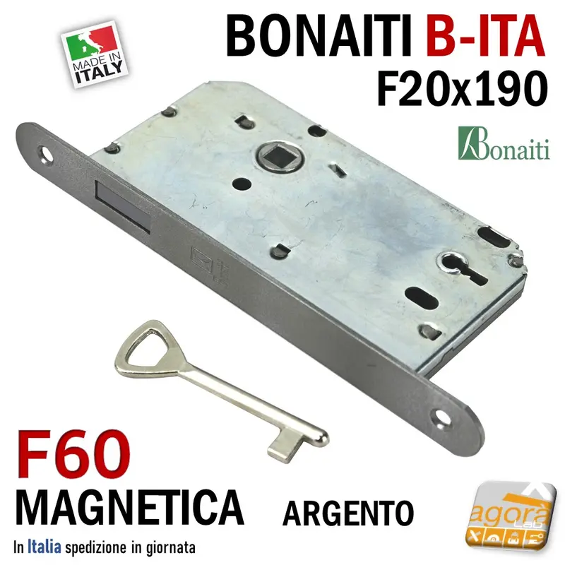 SERRATURA PORTA INTERNA MAGNETICA B-ITA BONAITI F60 FRONTALE 20X190MM E50 I70 PATENT ARGENTO