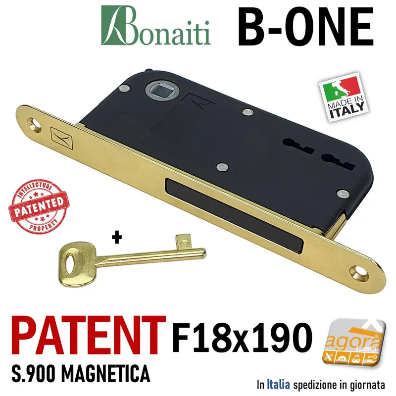 SERRATURA PORTA INTERNA MAGNETICA B-ONE BONAITI S 900 PATENT FRONTALE 18X190MM E50 INT 70/90 OTTONE