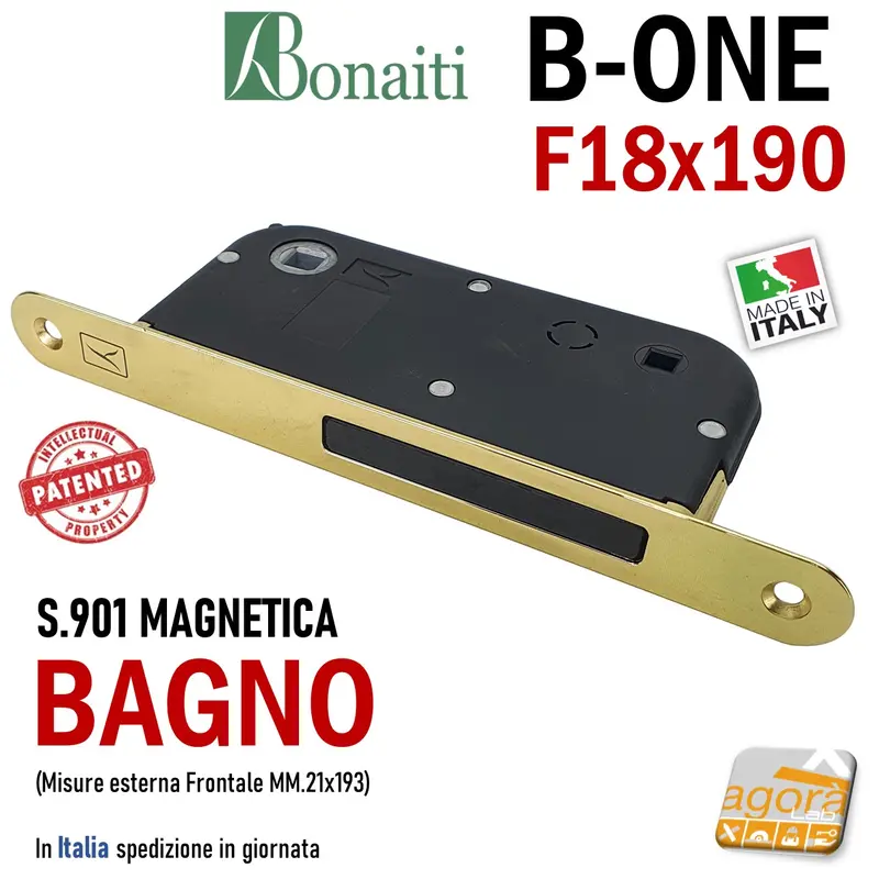 SERRATURA PORTA INTERNA MAGNETICA B-ONE BONAITI S 901 BAGNO WC FRONTALE 18X190MM E50 INT 90 OTTONE