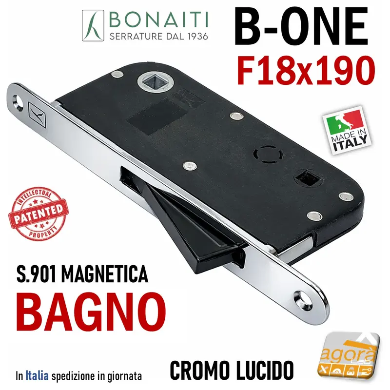 SERRATURA PORTA INTERNA MAGNETICA B-ONE BONAITI S 901 BAGNO WC FRONTALE 18X190MM E50 INT90 CROMO LUCIDO