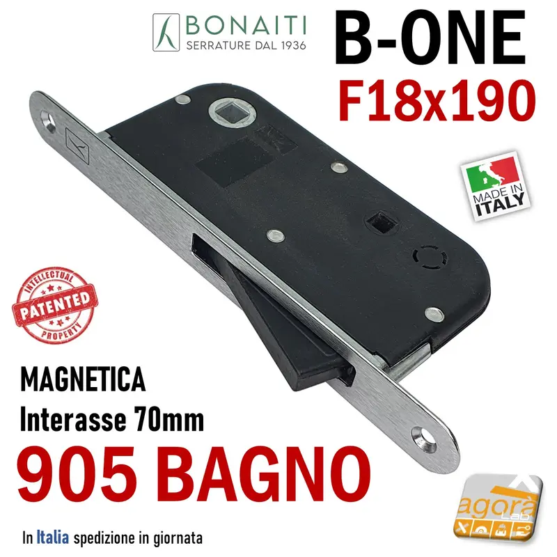 SERRATURA PORTA INTERNA MAGNETICA B-ONE BONAITI S 905 BAGNO WC FRONTALE 18X190MM E50 INT70 CROMO SATINATO