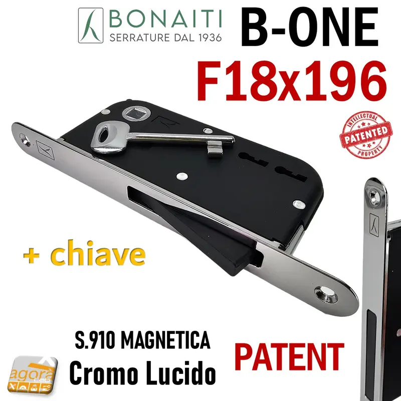 SERRATURA PORTA INTERNA MAGNETICA B-ONE BONAITI S 910 PATENT FRONTALE 18X196MM E50 INT 70/90 CROMO LUCIDO