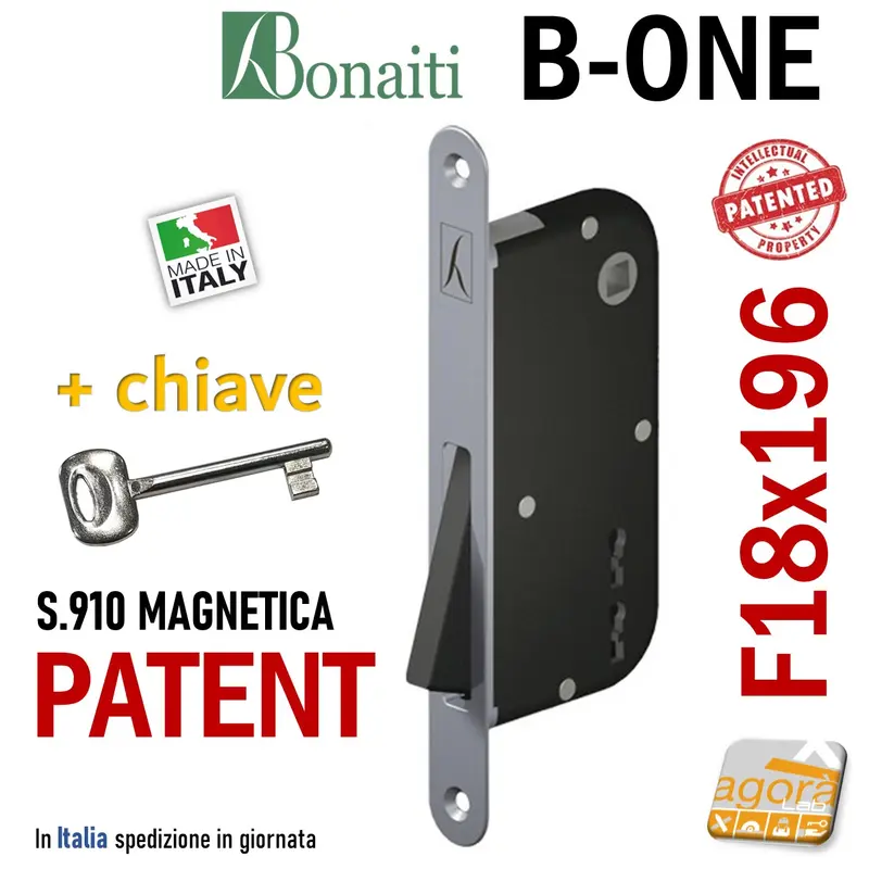 SERRATURA PORTA INTERNA MAGNETICA B-ONE BONAITI S 910 PATENT FRONTALE 18X196MM E50 INT 70/90 CROMO SATINATO