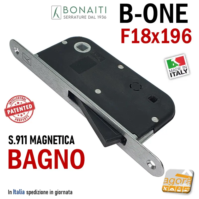 SERRATURA PORTA INTERNA MAGNETICA B-ONE BONAITI S 911 BAGNO WC FRONTALE 18X196MM E50 INT90 CROMO SATINATO