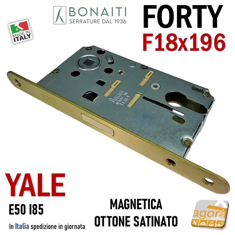 SERRATURA PORTA INTERNA MAGNETICA FORTY BONAITI N69 YALE FRONTALE 18X196MM E50 I85 OTTONE SAT