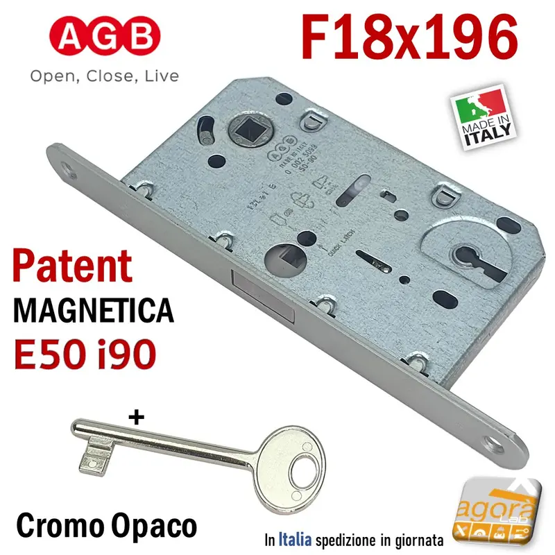 SERRATURA PORTA INTERNA MAGNETICA PATENT AGB POLARIS 2XT FRONTALE 18X196MM E50 I90 CROMO OPACO