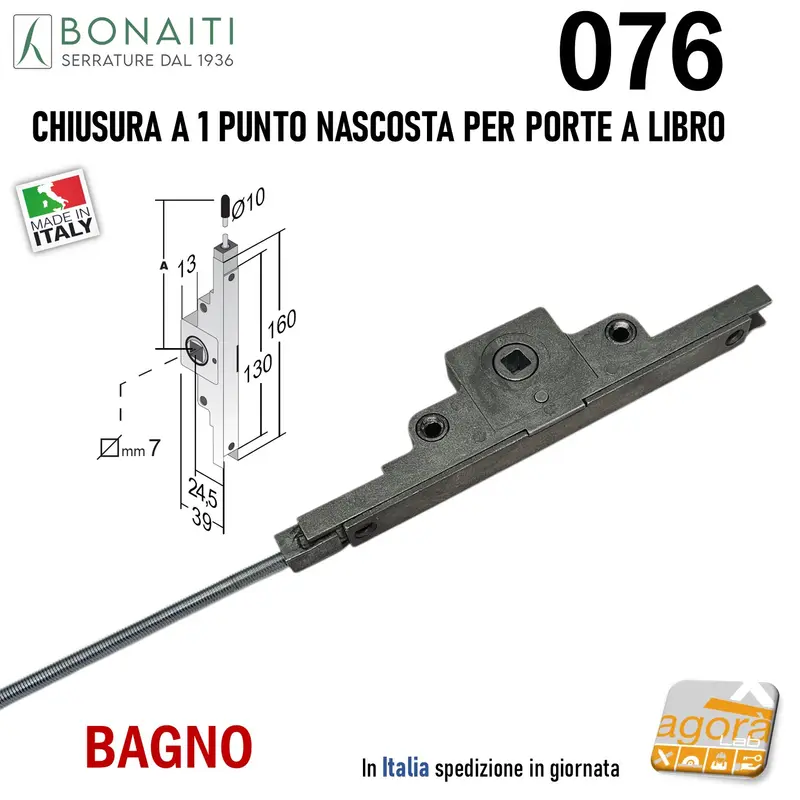 SERRATURA PORTA LIBRO BONAITI 076 CHIUSURA 1 PUNTO A SCOMPARSA BAGNO 160mm Q7x7