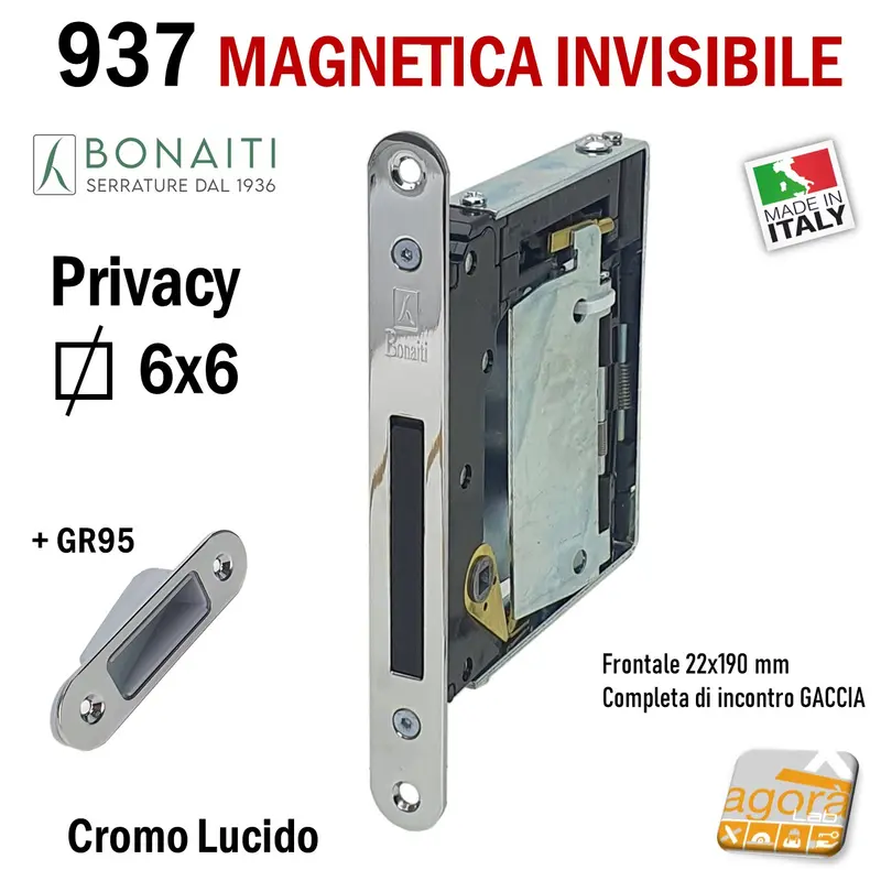 SERRATURA PORTA MAGNETICA B NO-HA MINI BONAITI 937 INVISIBILE PRIVACY Q6 FRONTALE 22X190MM E28 CROMO LUCIDO +GACCIA