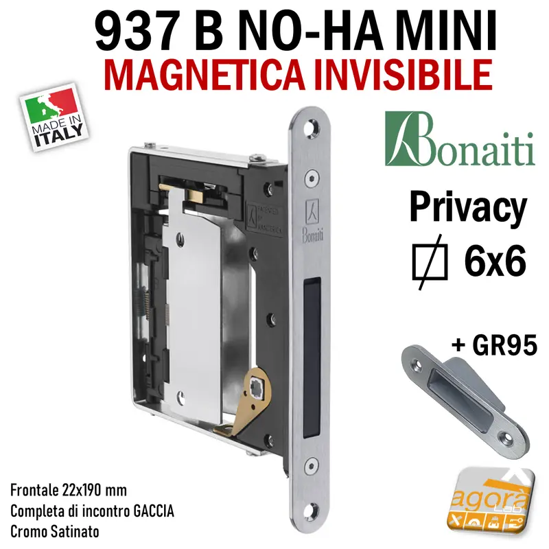SERRATURA PORTA MAGNETICA B NO-HA MINI BONAITI 937 INVISIBILE PRIVACY Q6 FRONTALE 22X190MM E28 CROMO SATINATO +GACCIA