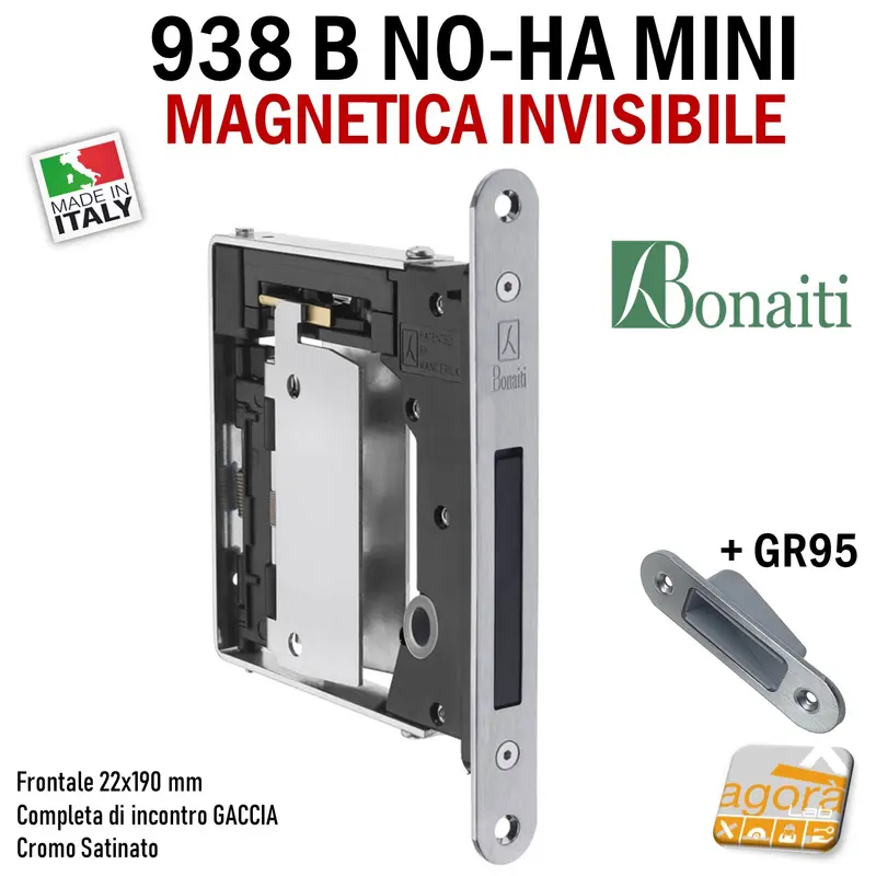 SERRATURA PORTA MAGNETICA B NO-HA MINI BONAITI 938 INVISIBILE PASSAGE FRONTALE 22X190MM E28 CROMO SATINATO +GACCIA