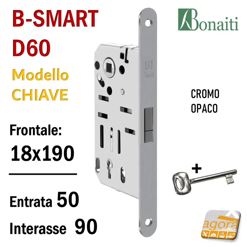 SERRATURA PORTA MAGNETICA B-SMART BONAITI D60 CHIAVE PATENT FRONTALE 18X190MM E50 I90 CROMO OPACO