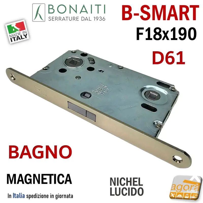 SERRATURA PORTA MAGNETICA B-SMART BONAITI D61 BAGNO FRONTALE 18X190MM E50 I90 NICHEL LUCIDO