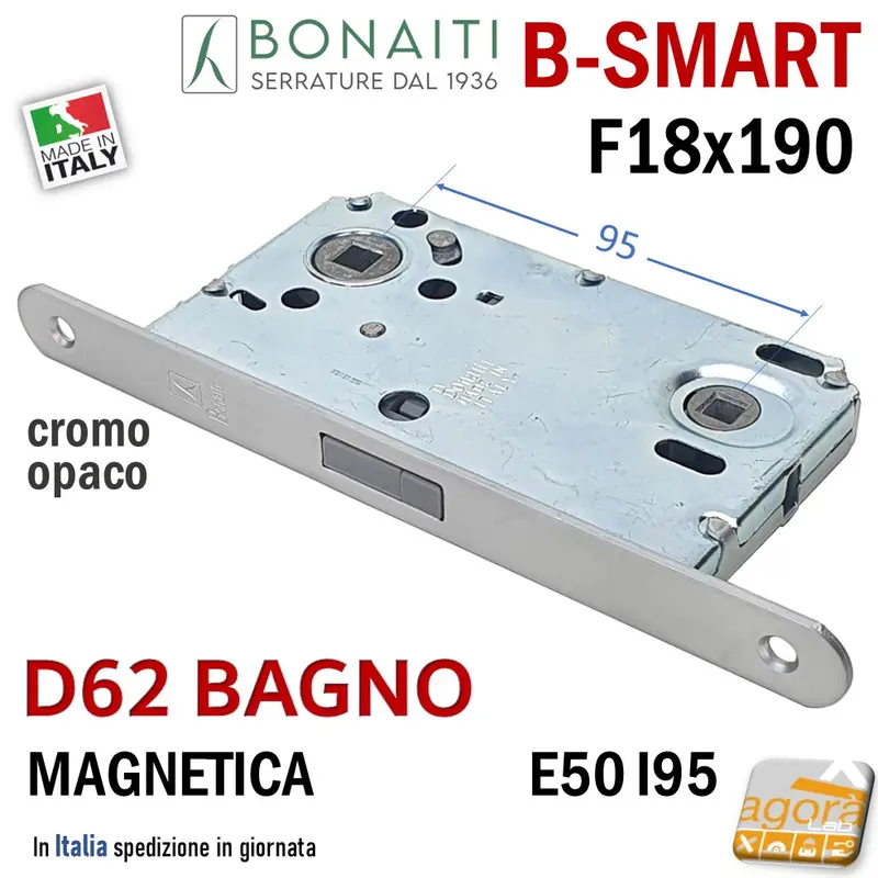 SERRATURA PORTA MAGNETICA B-SMART BONAITI D62 BAGNO FRONTALE 18X190MM E50 I95 CROMO OPACO