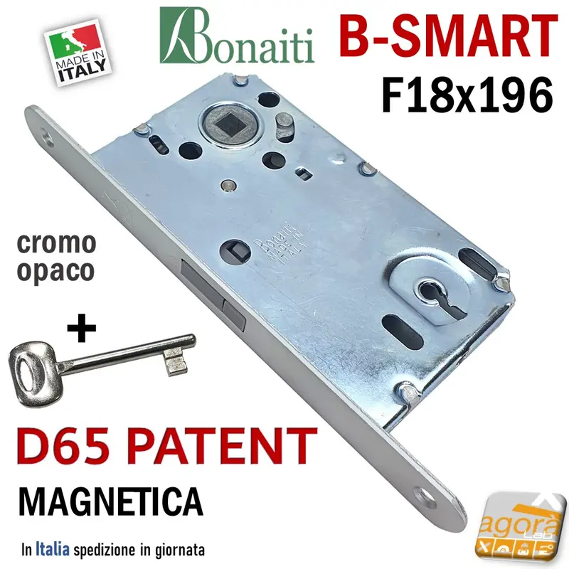 SERRATURA PORTA MAGNETICA B-SMART BONAITI D65 CHIAVE PATENT FRONTALE 18X196MM E50 I90 CROMO OPACO