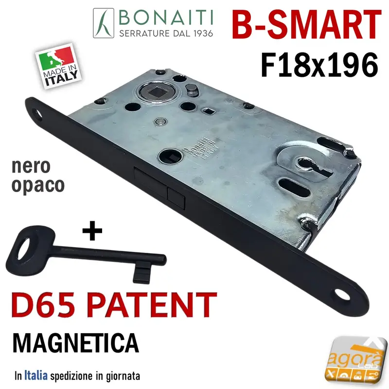 SERRATURA PORTA MAGNETICA B-SMART BONAITI D65 CHIAVE PATENT FRONTALE 18X196MM E50 I90 NERO OPACO