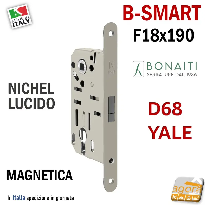 SERRATURA PORTA MAGNETICA B-SMART BONAITI D68 YALE FRONTALE 18X190MM E50 I85 NICHEL LUCIDO