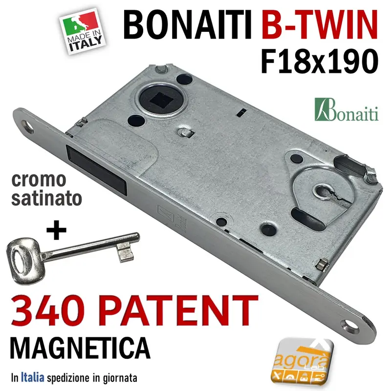 SERRATURA PORTA MAGNETICA B-TWIN BONAITI 340 CHIAVE PATENT FRONTALE 18X190MM E50 I90 CROMO SATINATO