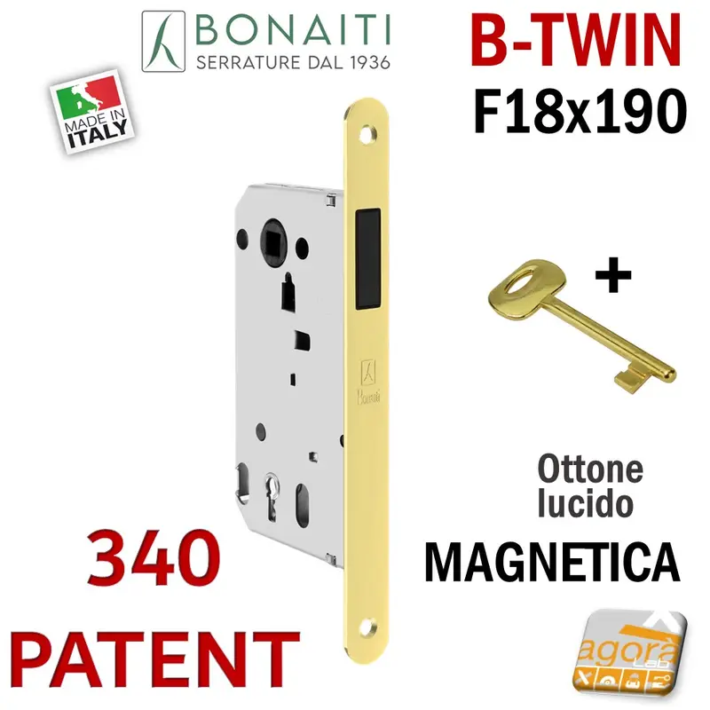 SERRATURA PORTA MAGNETICA B-TWIN BONAITI 340 CHIAVE PATENT FRONTALE 18X190MM E50 I90 OTTONE