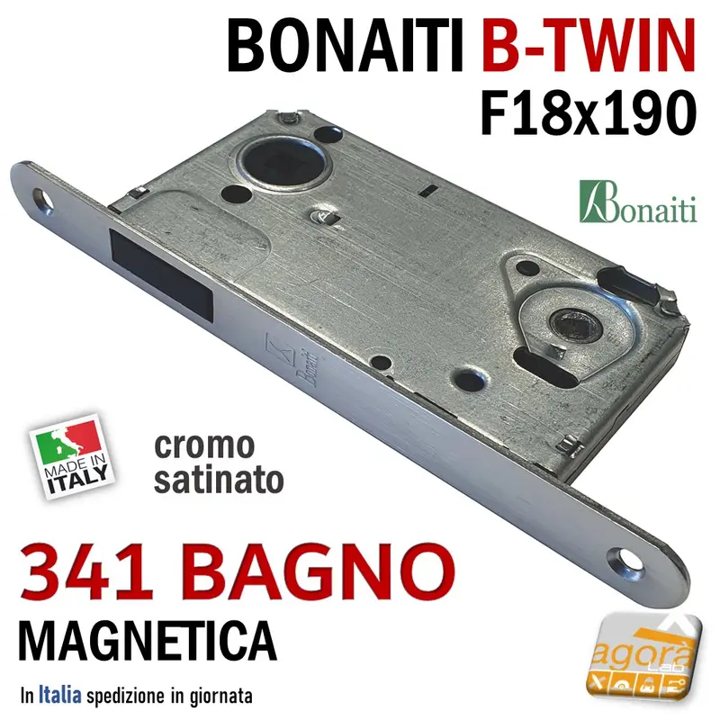 SERRATURA PORTA MAGNETICA B-TWIN BONAITI 341 WC BAGNO FRONTALE 18X190MM E50 I90 CROMO SATINATO