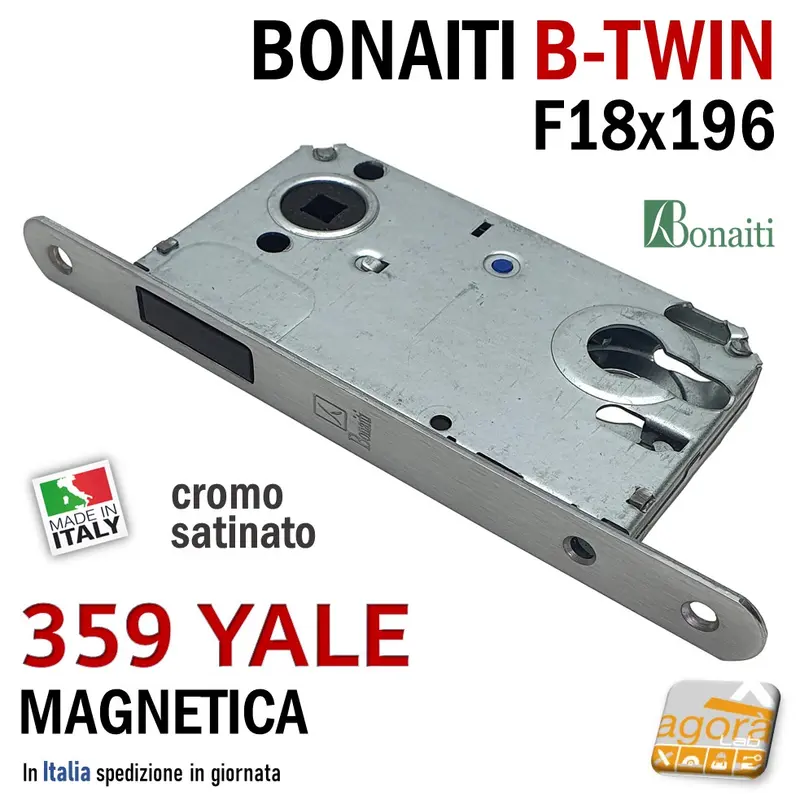 SERRATURA PORTA MAGNETICA B-TWIN BONAITI 359 CILINDRO YALE FRONTALE 18X196MM E50 I85 CROMO SATINATO