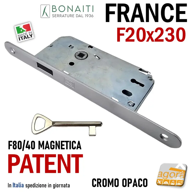SERRATURA PORTA MAGNETICA BONAITI FRANCE FRONTALE 20X230MM E40 I70 Q7x7 CR.O