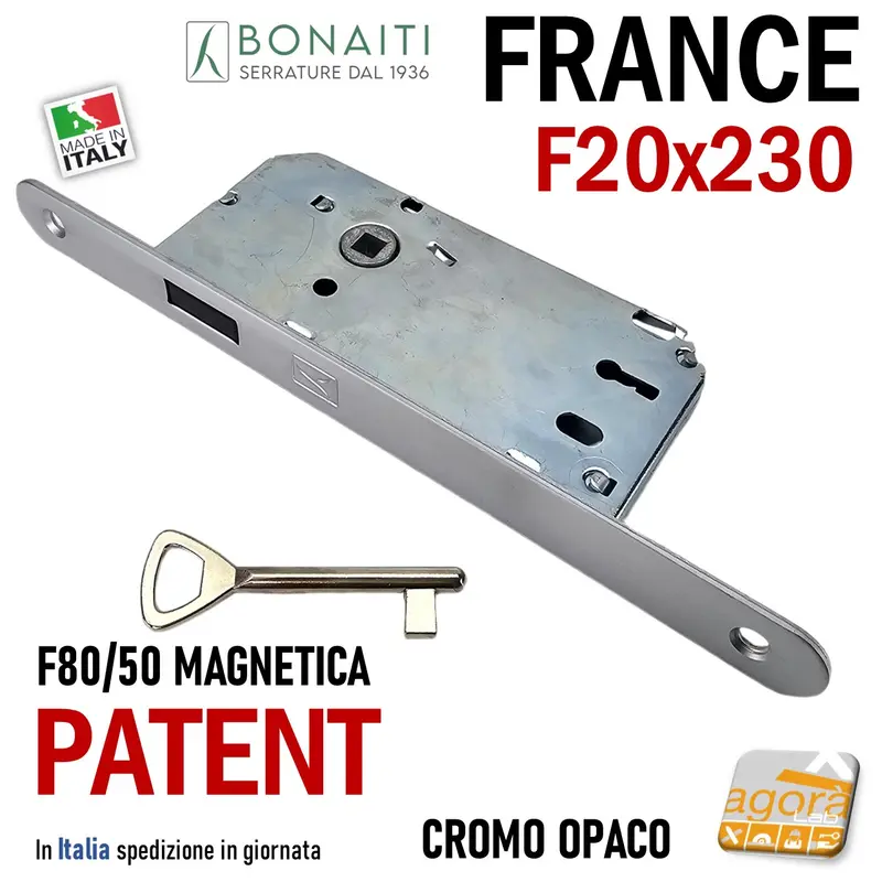 SERRATURA PORTA MAGNETICA BONAITI FRANCE FRONTALE 20X230MM E50 I70 Q7x7 CR.O