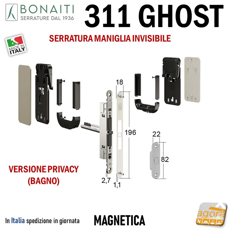 SERRATURA PORTA MAGNETICA BONAITI GHOST Privay 311-GF42 INVISIBILE F18X196MM CROMO OPACO +GACCIA