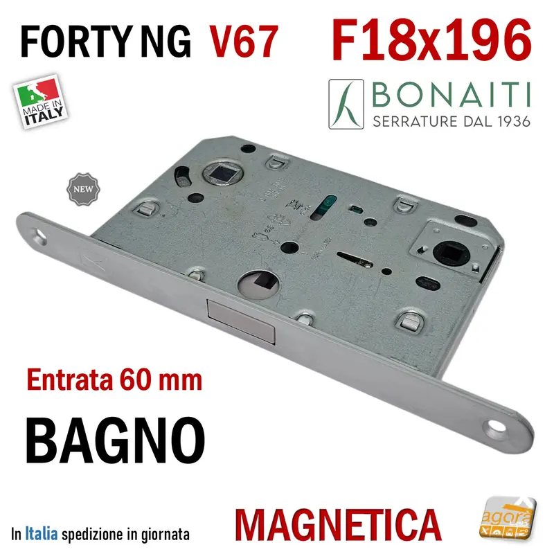 SERRATURA PORTA MAGNETICA FORTY NG BONAITI V67 WC BAGNO FRONTALE 18X196MM E60 I96