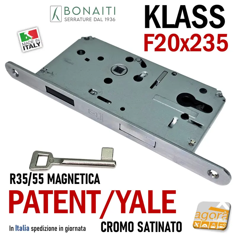SERRATURA PORTA MAGNETICA KLASS BONAITI R35 FRONTALE 20X235MM E55 I72 CHIAVE YALE CR.S