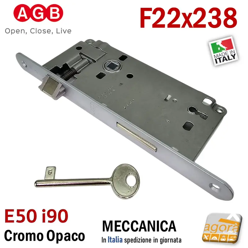 SERRATURA PORTA PATENT AGB FRONTALE 22x238 mm E50 I90 MECCANICA CHIAVE CROMO