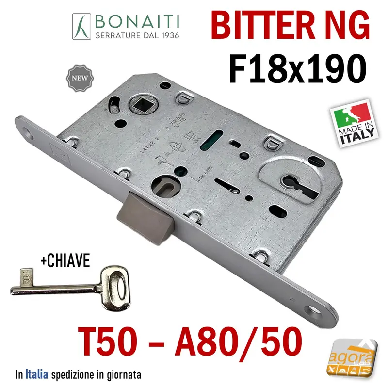SERRATURA PORTA PATENT FRONTALE 18x190 BONAITI B-BITTER A80 T50 CR OP E50 INT90 ARGENTO