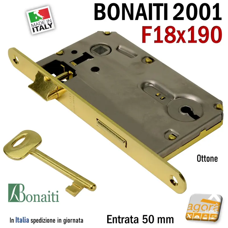 SERRATURA PORTA PATENT FRONTALE 18x190mm BONAITI IN METALLO OTTONE + CHIAVE E50