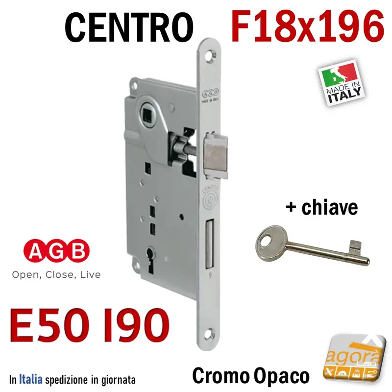 SERRATURA PORTA PATENT FRONTALE 18x196mm AGB CENTRO E50 INTERASSE 90 MECCANICA CHIAVE
