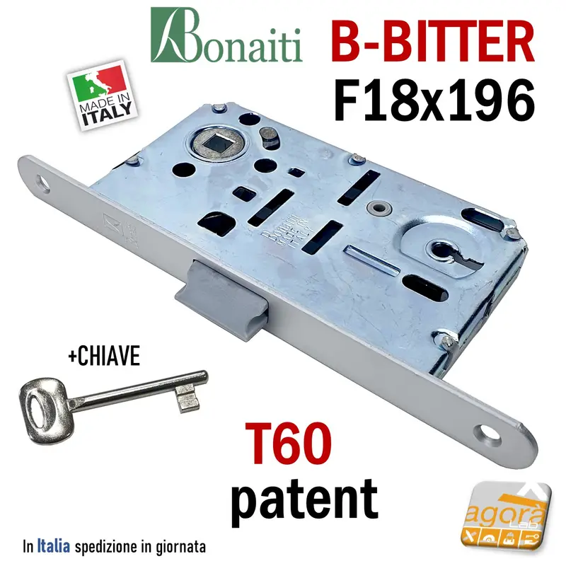 SERRATURA PORTA PATENT FRONTALE 18x196mm BONAITI B-BITTER T60 ARGENTO CROMO OPACO