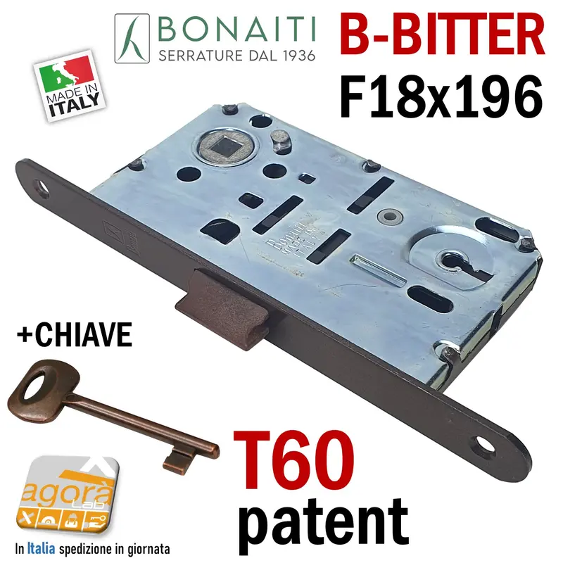SERRATURA PORTA PATENT FRONTALE 18x196mm BONAITI B-BITTER T60 BRONZO