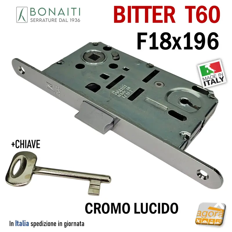 SERRATURA PORTA PATENT FRONTALE 18x196mm BONAITI B-BITTER T60 CROMO LUCIDO