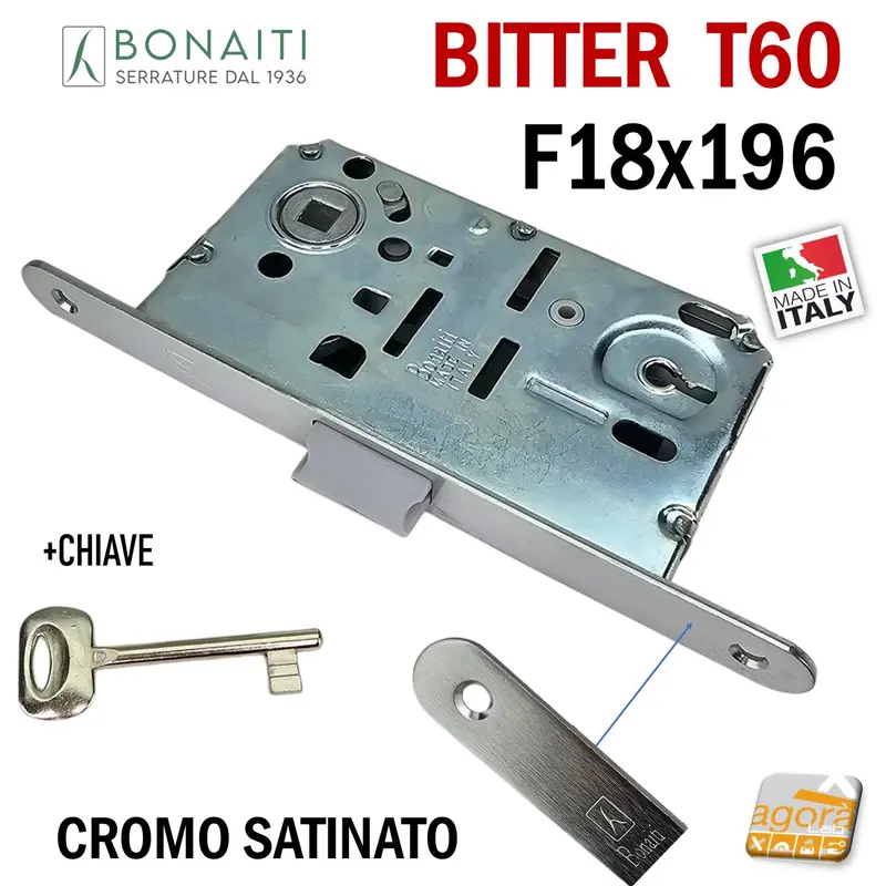 SERRATURA PORTA PATENT FRONTALE 18x196mm BONAITI B-BITTER T60 CROMO SATINATO