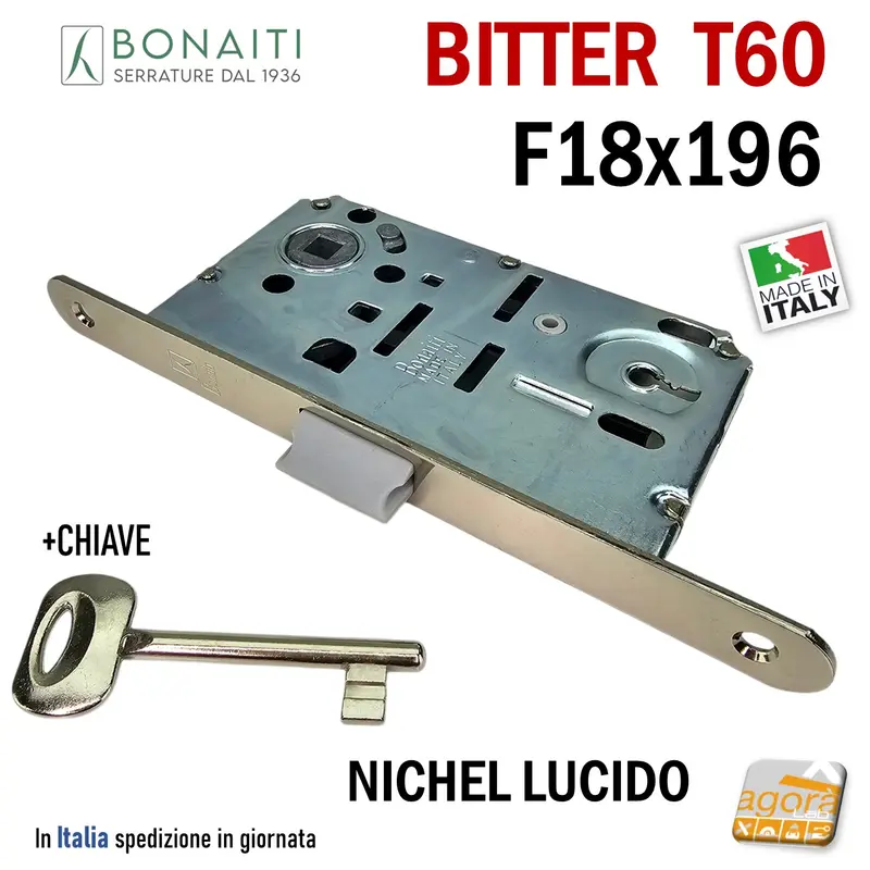 SERRATURA PORTA PATENT FRONTALE 18x196mm BONAITI B-BITTER T60 NICHEL LUCIDO
