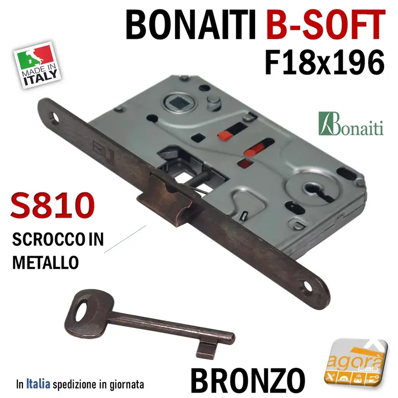 SERRATURA PORTA PATENT FRONTALE 18x196mm BONAITI B-SOFT S810 BRONZO E50 I90 BRONZATA