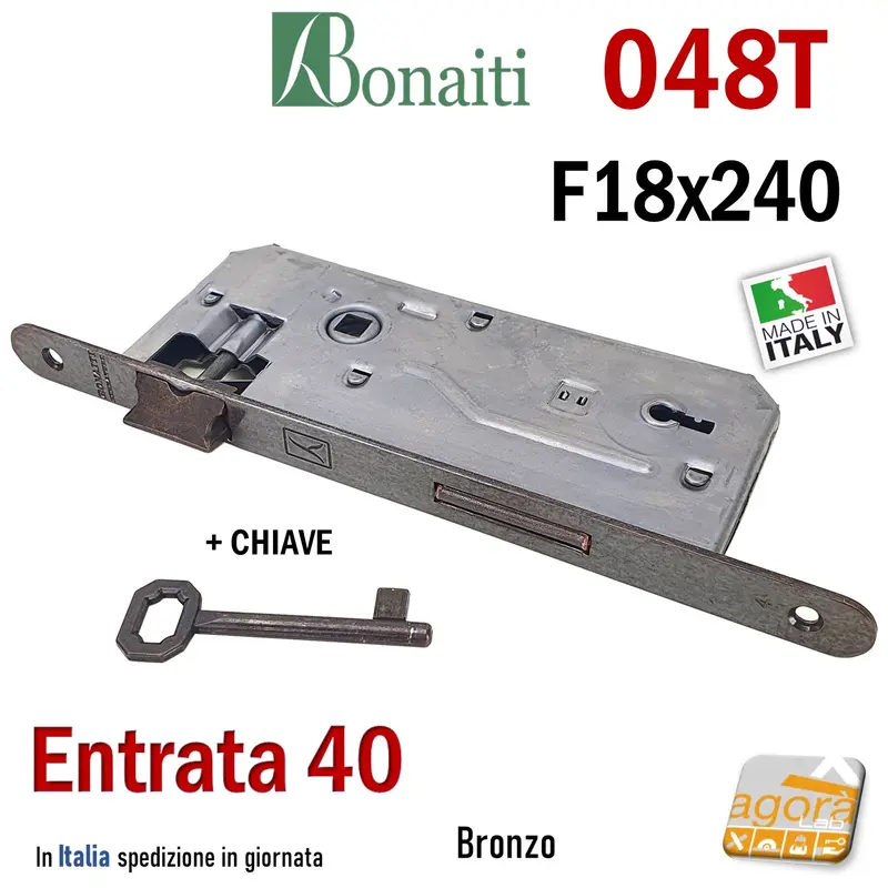 SERRATURA PORTA PATENT FRONTALE 18x240mm BONAITI 048T E40 I90 +CHIAVE BRONZO