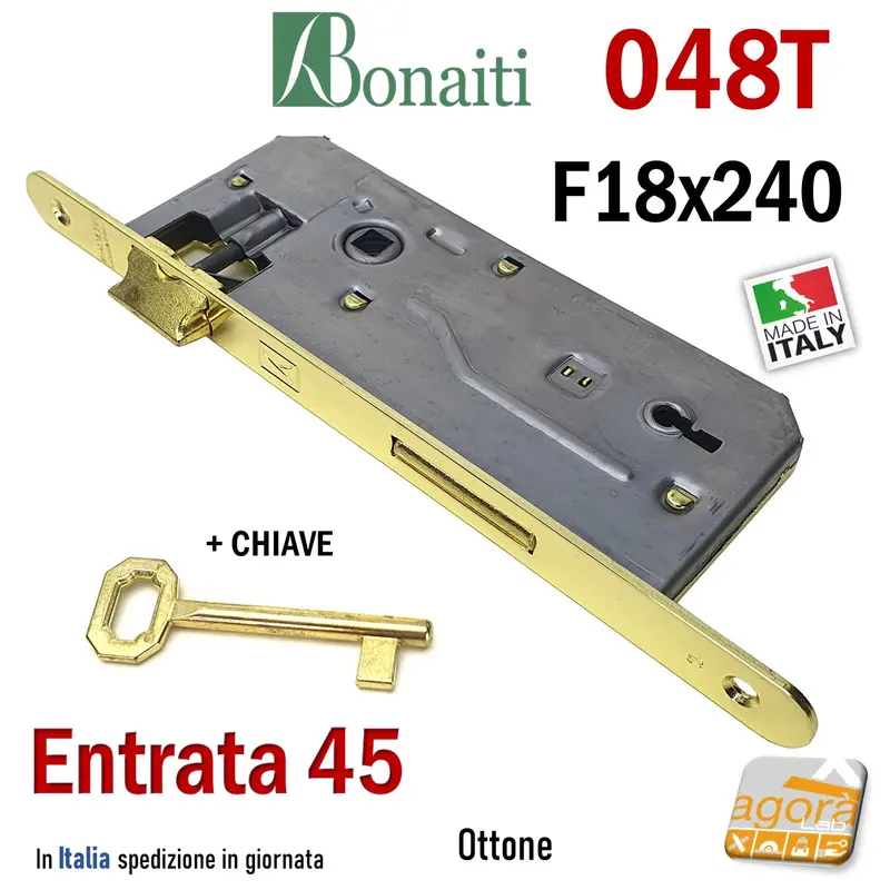 SERRATURA PORTA PATENT FRONTALE 18x240mm BONAITI 048T E45 I90 +CHIAVE OTTONE