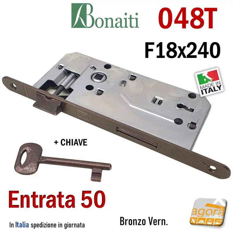 SERRATURA PORTA PATENT FRONTALE 18x240mm BONAITI 048T E50 I90 +CHIAVE BRONZO
